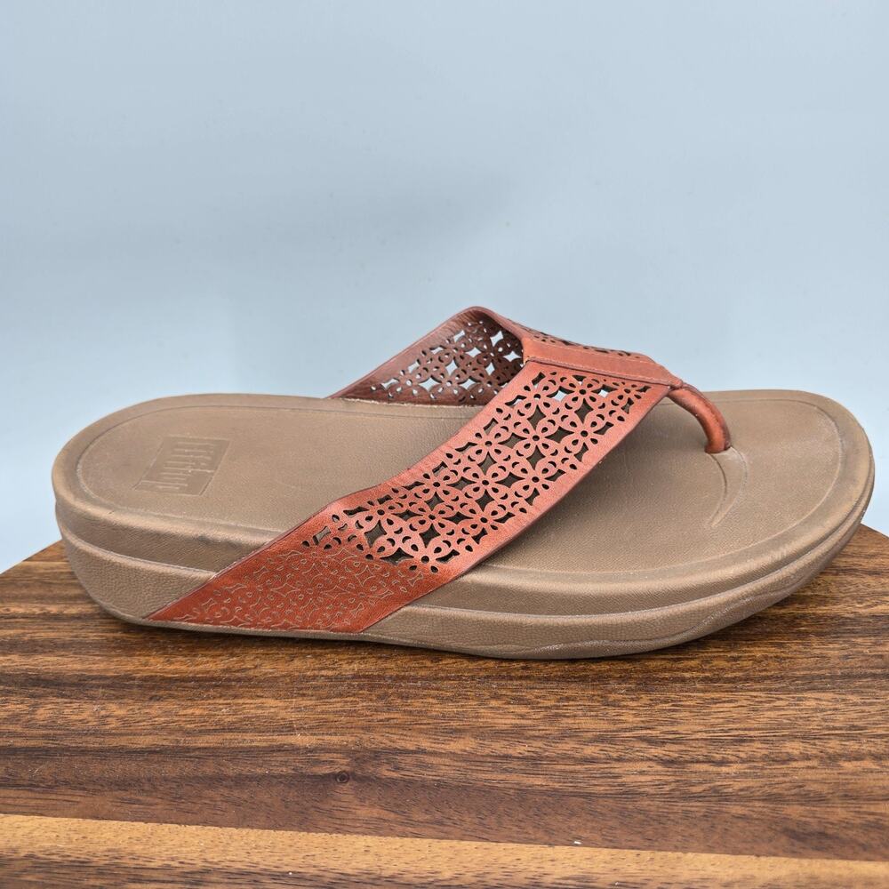 FitFlop Surfa Sandals Womens 9 Brown Leather Lattice Thong Comfort Flip Flops